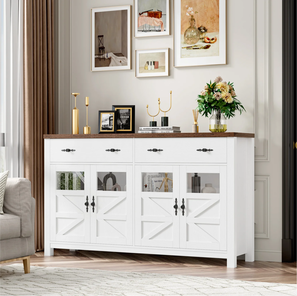 Homfa Farmhouse 55.1"WKitchen Buffet Cabinet with Storage Drawer & Adjustable Shelf, Glass Door Wood Sideboard Credenza Coffee Bar with for Dining Room Living Room, White & Black