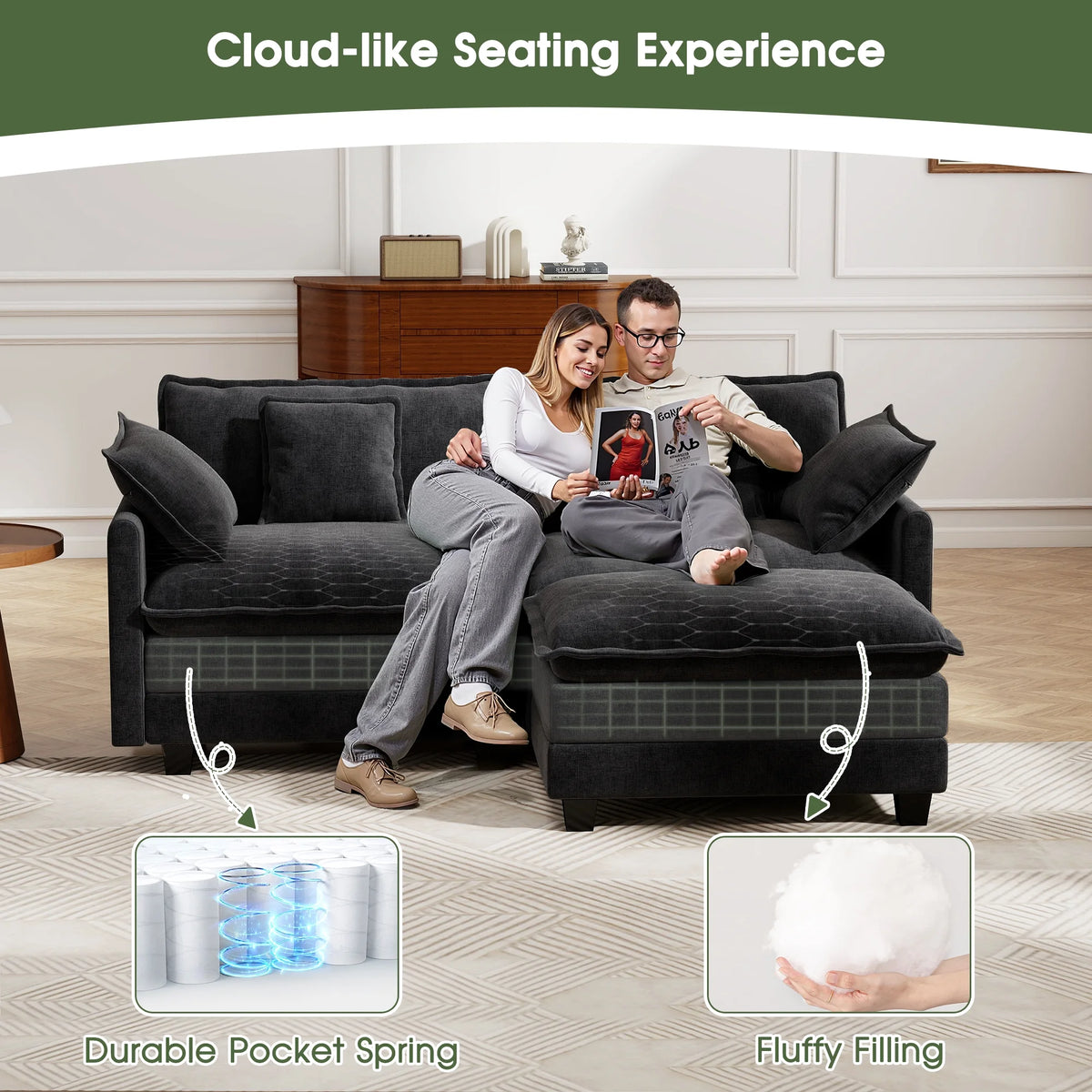 BedLuxury 111.5'' Modular Sectional Sofa with Movable Ottomans, U Shaped Cloud Couch for Living Room, 3-Seat, Beige
