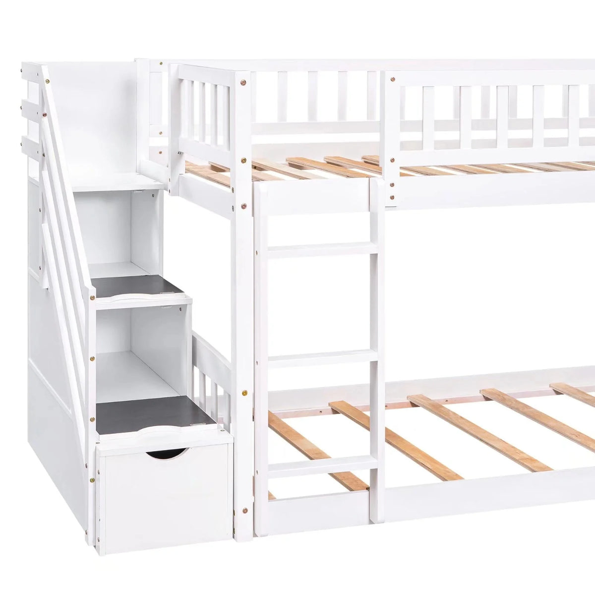 Stairway Bunk Beds Twin over Twin, Wooden Bunk Bed Frame with Kids Slide and Storage Staircase, 2-in-1 Storage Beds Frame with Ladder and Safety Guardrails for Boys Girls Bedroom, White