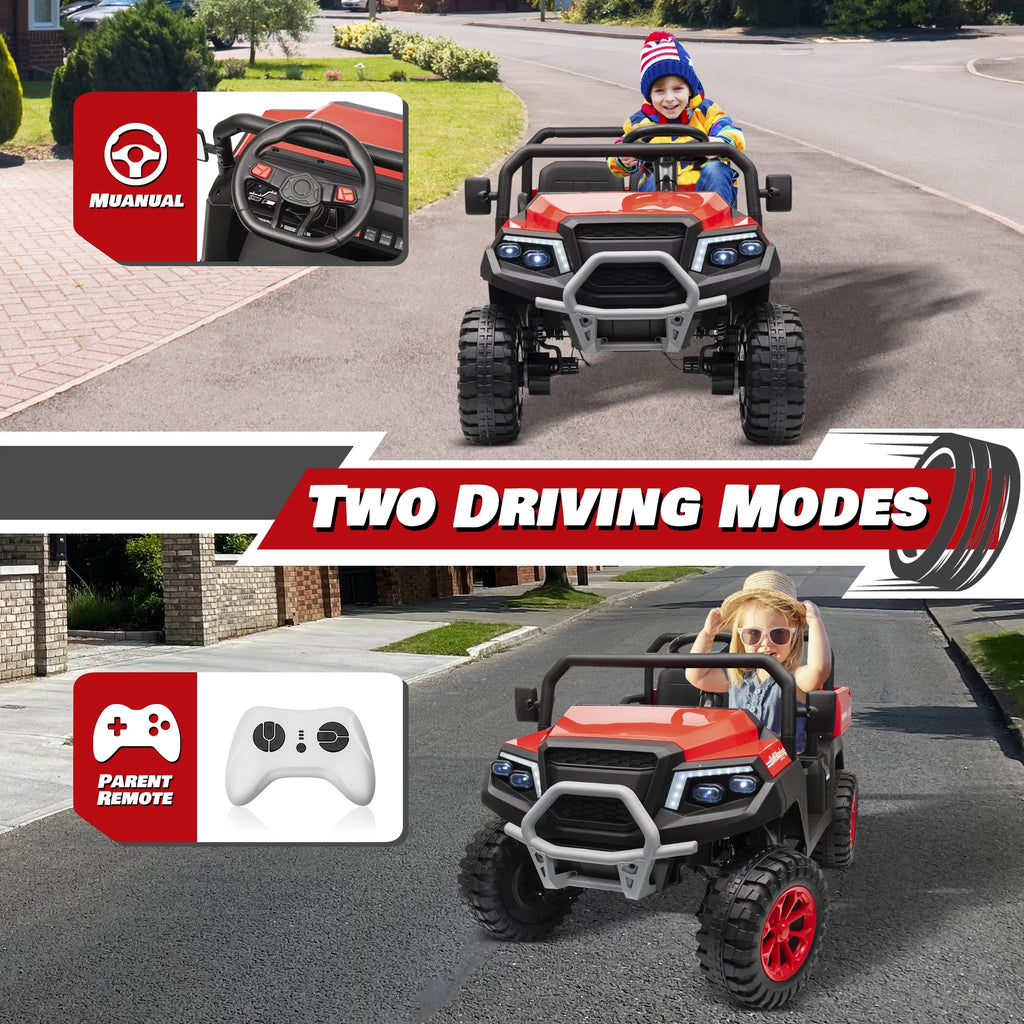 Joyracer 4WD 24 Volt Ride on Toys UTV with 2 Seater & Remote Control, Kids Electric Golf Cart w/ 4x200W Power Motors, Tiltable Trailer & Shovel, 4 Wheels Spring Suspension, Bluetooth USB Music, Black