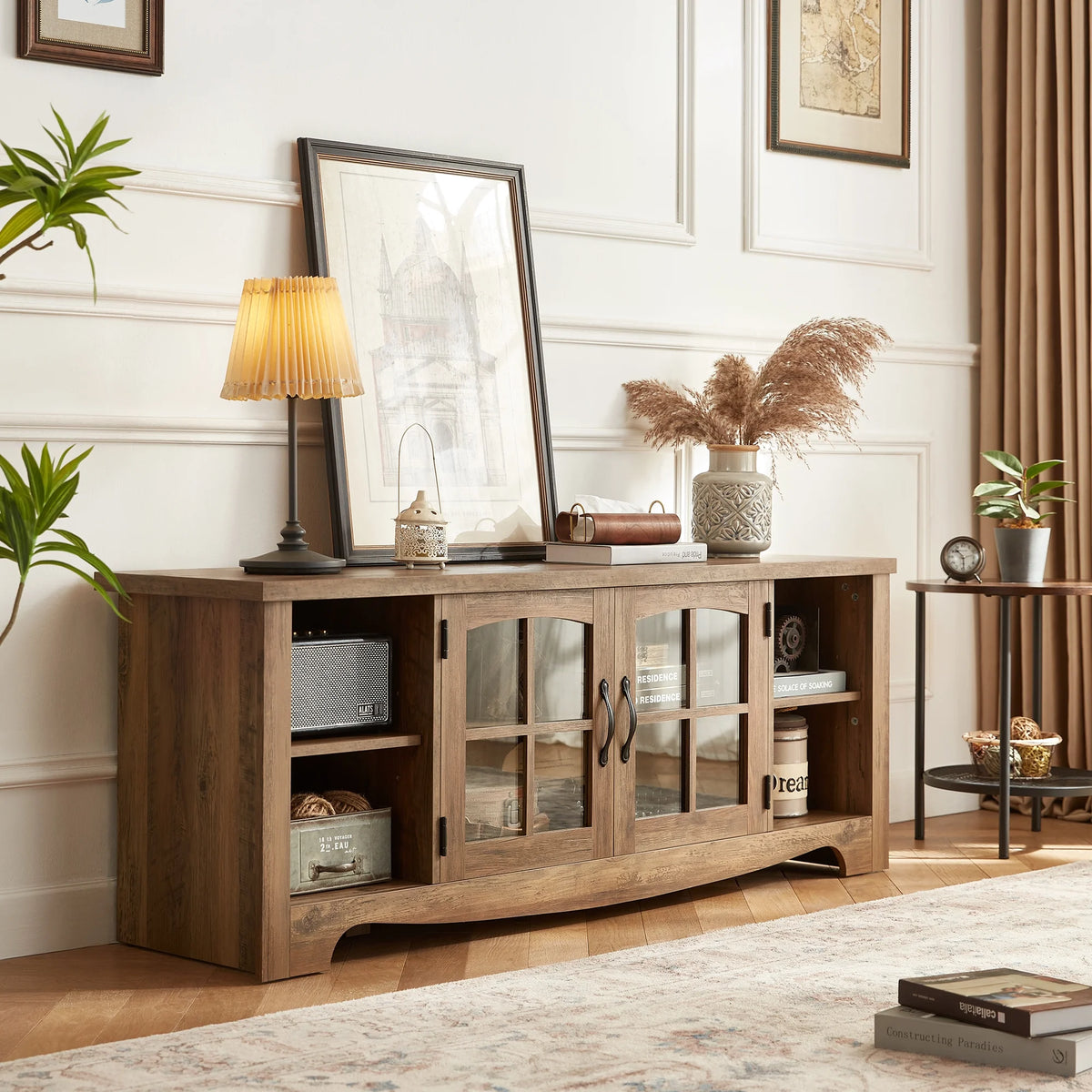 LINSY HOME Modern Farmhouse TV Stand for TVs up to 65",Home Entertainment Center with Storage Cabinet and Adjustable Shelves,Washed Grey & Brown