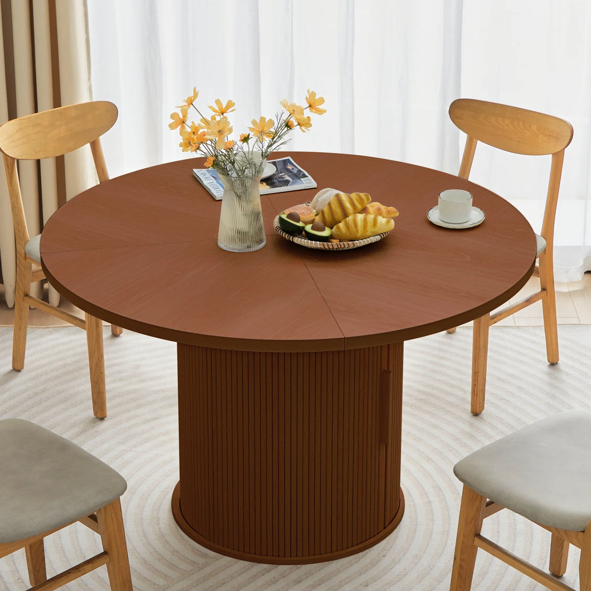 Wirrytor Round Dining Table, Modern Farmhouse Kitchen Table, 47 Inch Coffee Circle Dining Tables with Wood Strip Base for Kitchen Living Room, Black