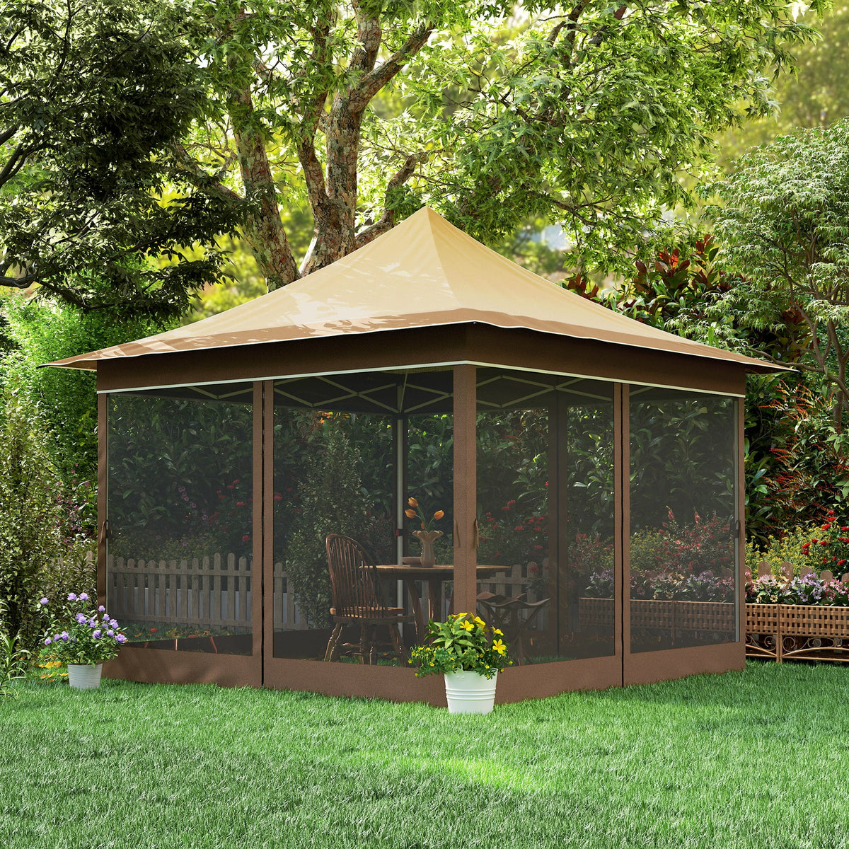 Outsunny 12 x 12 ft. Pop Up Canopy Tent with Mesh Netting, Height Adjustable, UPF50+ Instant Sun Shelter, Beige