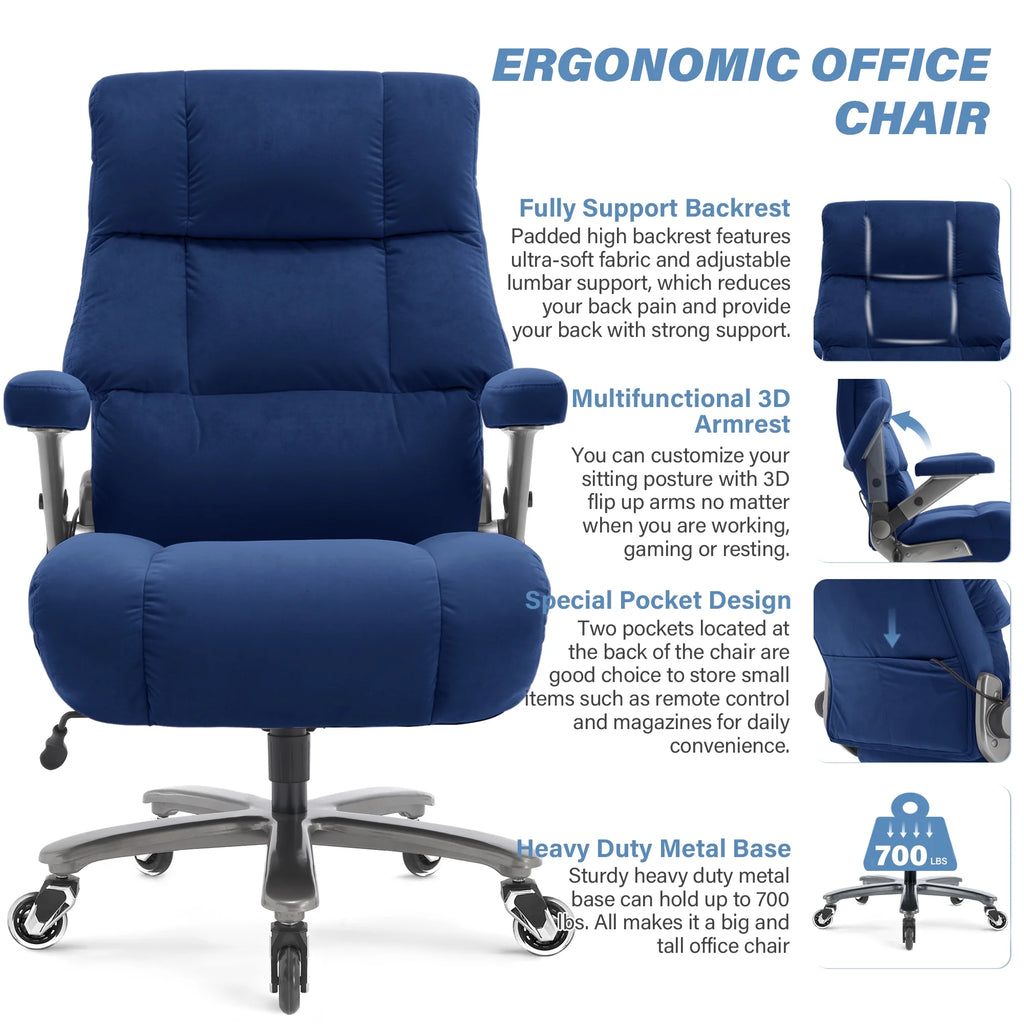 Big and Tall 700lbs Office Chair, Ultra-Soft Fabric Executive Desk Chair, Ergonomic Computer Chair with 3D Flip Up Arms, Adjustable Lumbar Support, Heavy Duty Metal Base and Quiet Rubber Wheel, Black