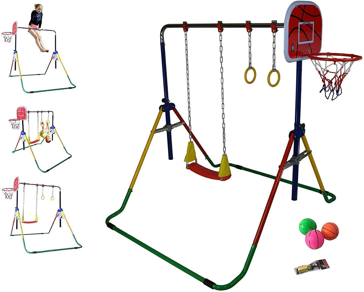 Adjustable Height Gymnastics Bar for Kids Kip Bar 6 in 1 Set, 6'x2' Gymnastic Tumble Mat, Swing Seat, 2 Trapeze Rings, Basketball Hoop, Home Junior Training Monkey Bars Fitness Balance Horizontal Bar