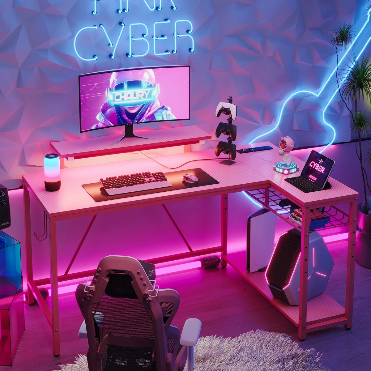 Bestier 52" Gaming Desk with LED Lights L Shaped Desk with Power Outlet & Monitor Stand Corner Computer Desk in Carbon Fiber