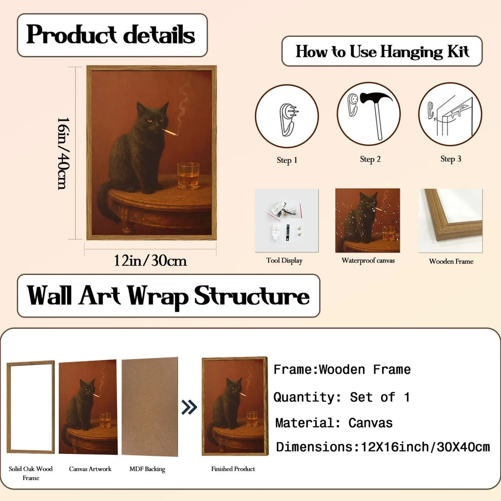 Framed Funny Black Cat Wall Art
