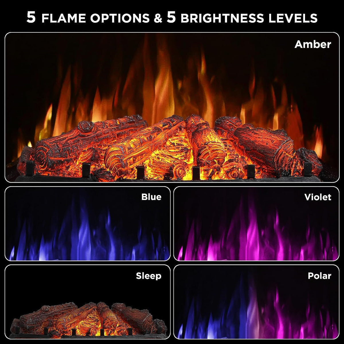 TURBRO Eternal Flame 26 in. WiFi Infrared Quartz Electric Fireplace Log Heater with Sound Crackling, Realistic Pinewood Logs, Adjustable Flame Colors, Remote Control, Thermostat, Timer, 1500W Bronze
