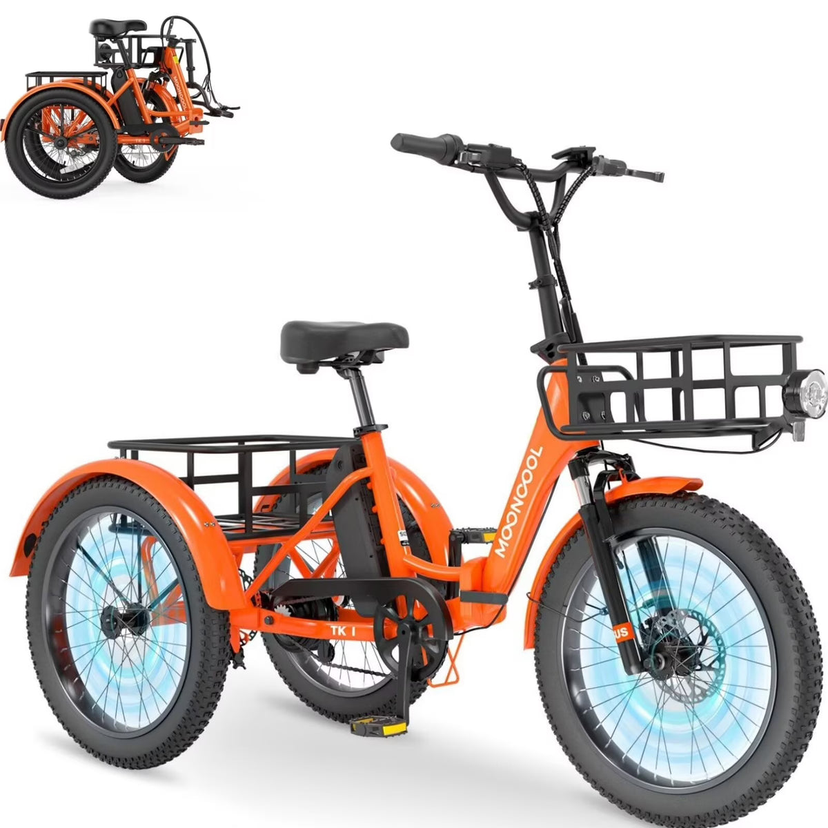 MOONCOOL TK1 Folding Electric Tricycle for Adults,48V 14.5Ah Removable battery, 500W Peak 1000w Motor, 20" Fat Tire Step-Thru 3Wheel Electric Bicycle w/Front&Rear Baskets, Certified to UL 2849 by SGS