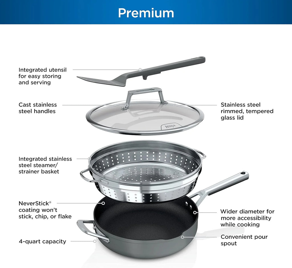 Ninja NeverStick PossiblePan, Premium Set with 4-Quart Capacity Pan, Steamer/Strainer Basket, Glass Lid & Integrated Spatula