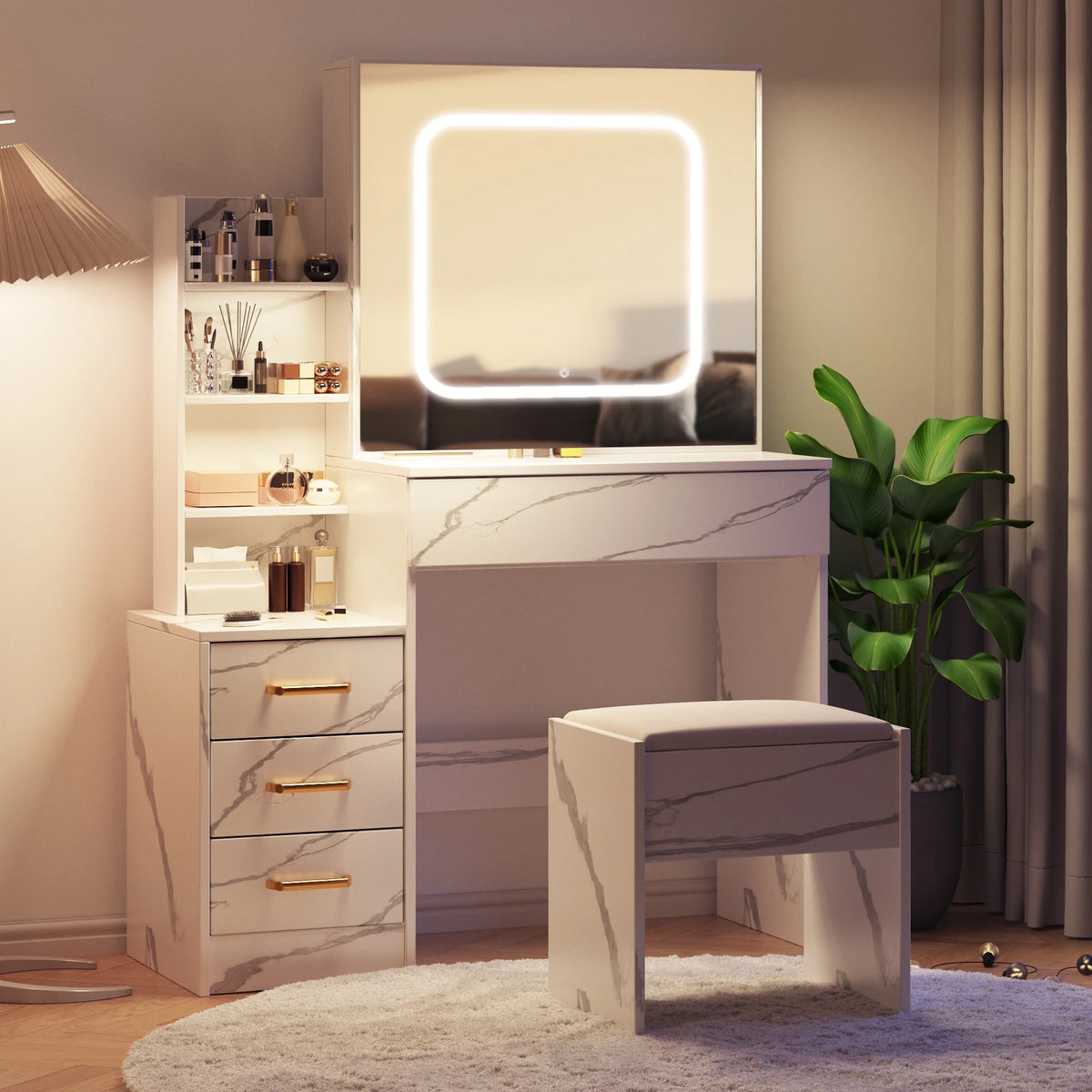 Vanity Desk with Sliding Mirror and Lights, Makeup Vanity Set with 4 Drawers, Stool, Power Outlet, Open Shelves, 3 Color Adjustable Lighting Modes, Makeup Dressing Table for Bedroom, White
