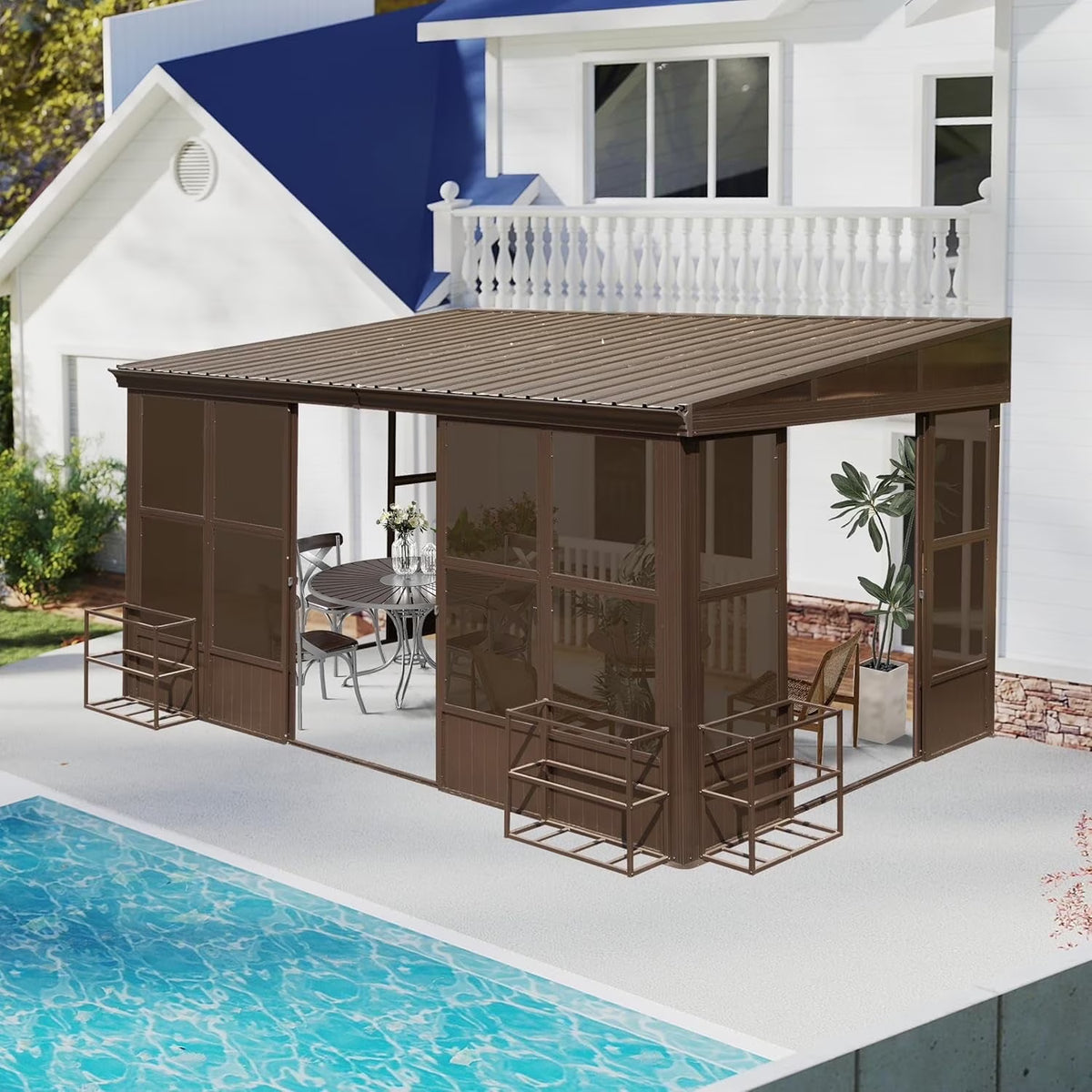 Domi Outdoor Living 10' x 12' Hardtop Lean-to Gazebo, Wall-Mounted with Galvanized Steel Roof Wall Pergola with Aluminum Frame, Curtains and Netting, for Patio, Deck, Garden, Backyard