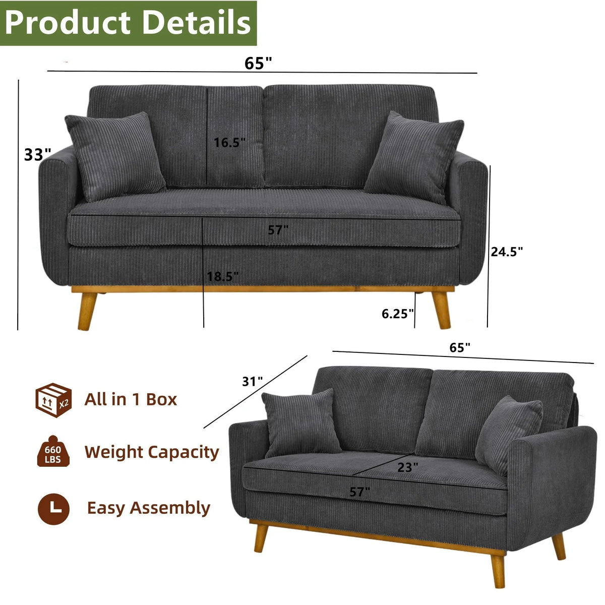 Aukfa 68" Small Sofa Couch Comfy Mid Century Modern Loveseat Sofa for Living Room Bedroom, Cream