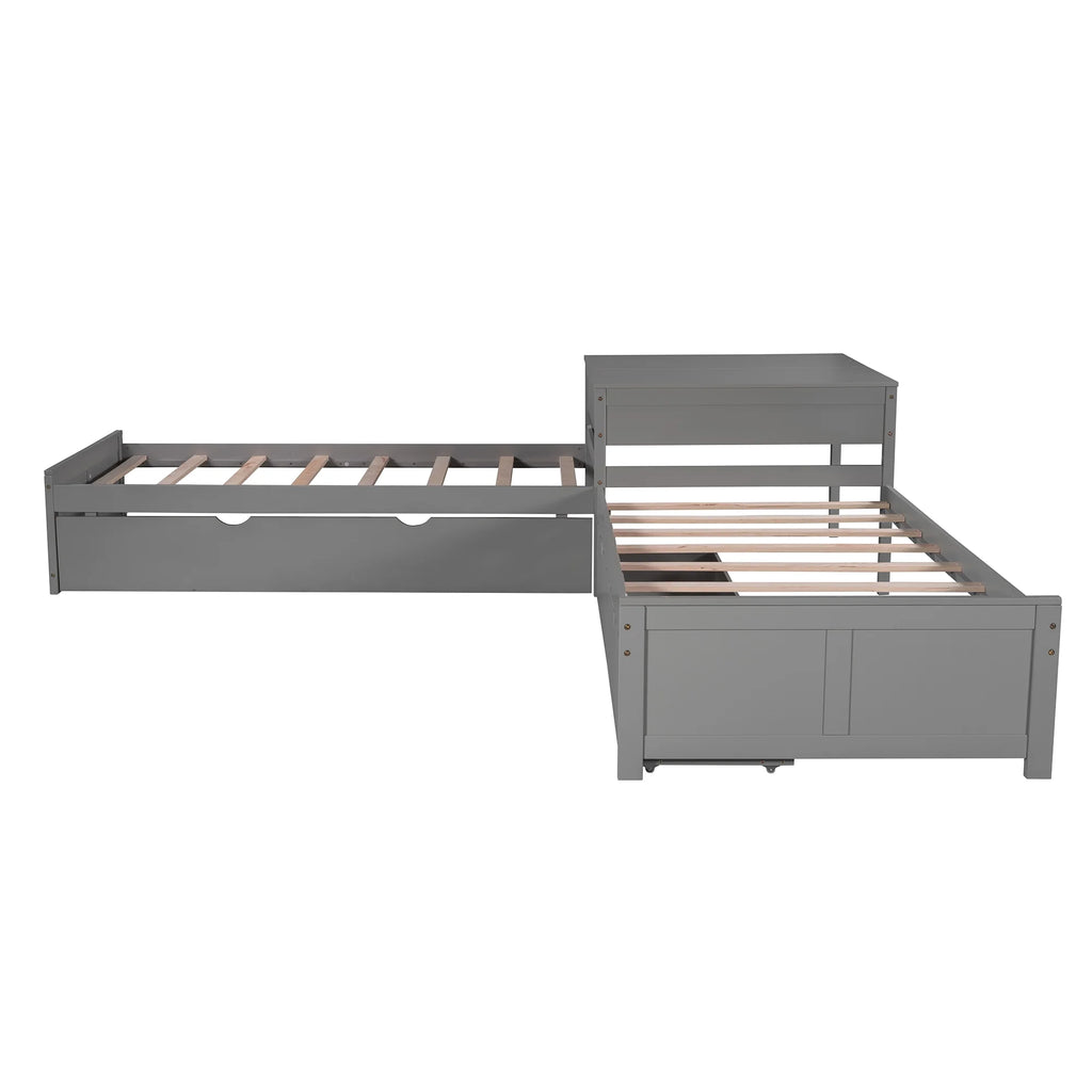 Euroco Wood Twin Size L-Shaped Platform Bed with Square Storage Table for Kids Teens, 2 Platform Beds with Trundle and Drawers for Living Room, 3 Twin Beds, Gray