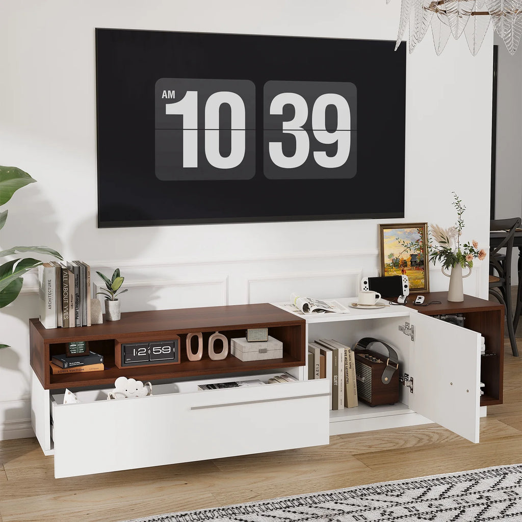 Planntonneo Mid-Century Modern Fluted TV Stand Wooden Media Console Entertainment Center for Living Room, Walnut Color