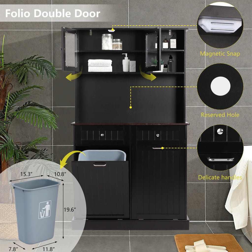KIGOTY Dual Kitchen Trash Cabinet, Double Tilt Out Trash Can Cabinet with Countertop and Drawer, Free-Standing Pet Proof Recycling Cabinet Garbage Can Holder, Wood (White)