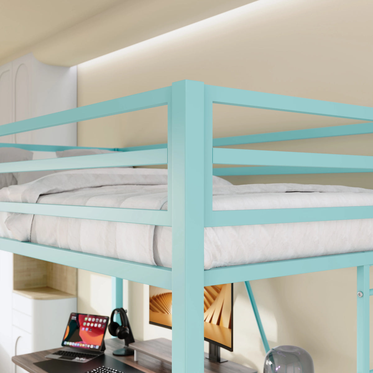 Sifurni Black Heavy Duty Twin Size Metal Loft Bed with Full-Length Guardrail & Removable Stairs