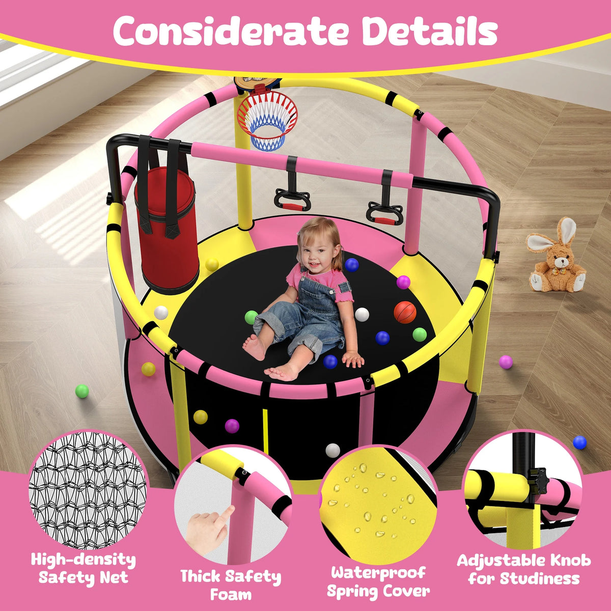 Mini Round Trampoline for Kids with Basketball Hoop, SEGMART 55'' Indoor Outdoor Toddler Trampoline with Enclosure Net, Swing, Sandbag, Ring, Ocean Balls, Small Trampoline Gift for Boys Girls, Blue