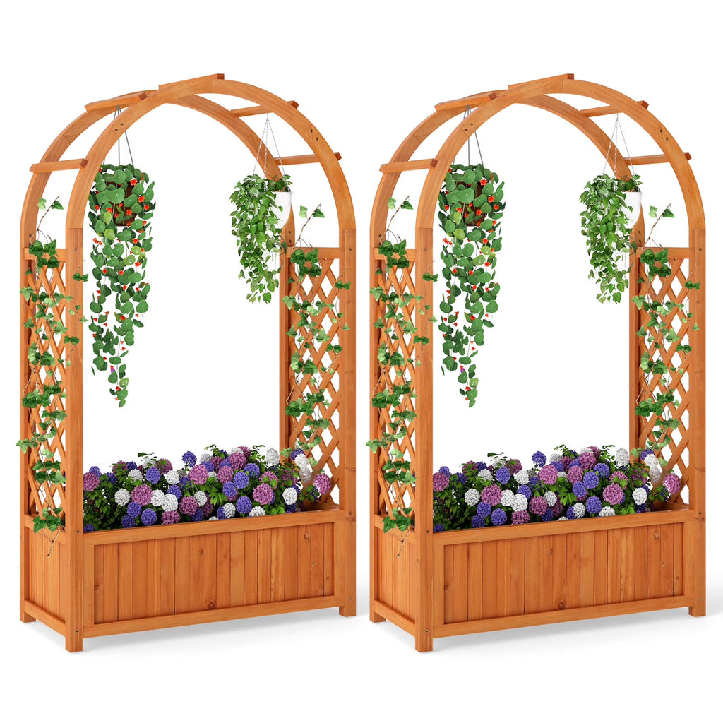 Costway 1 PCS Raised Garden Bed Wooden Elevated Planter Box with Lattice Trellis & Ached Roof