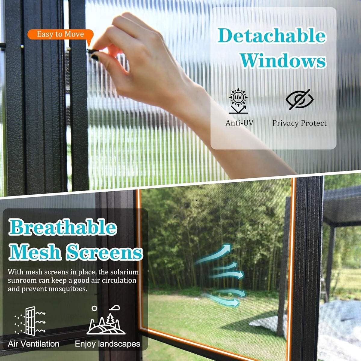 TOTAL Outdoor 10'x12' All-Season Sunroom Gazebo with Steel Roof, PVC Screen, Front & Side Door, Brown