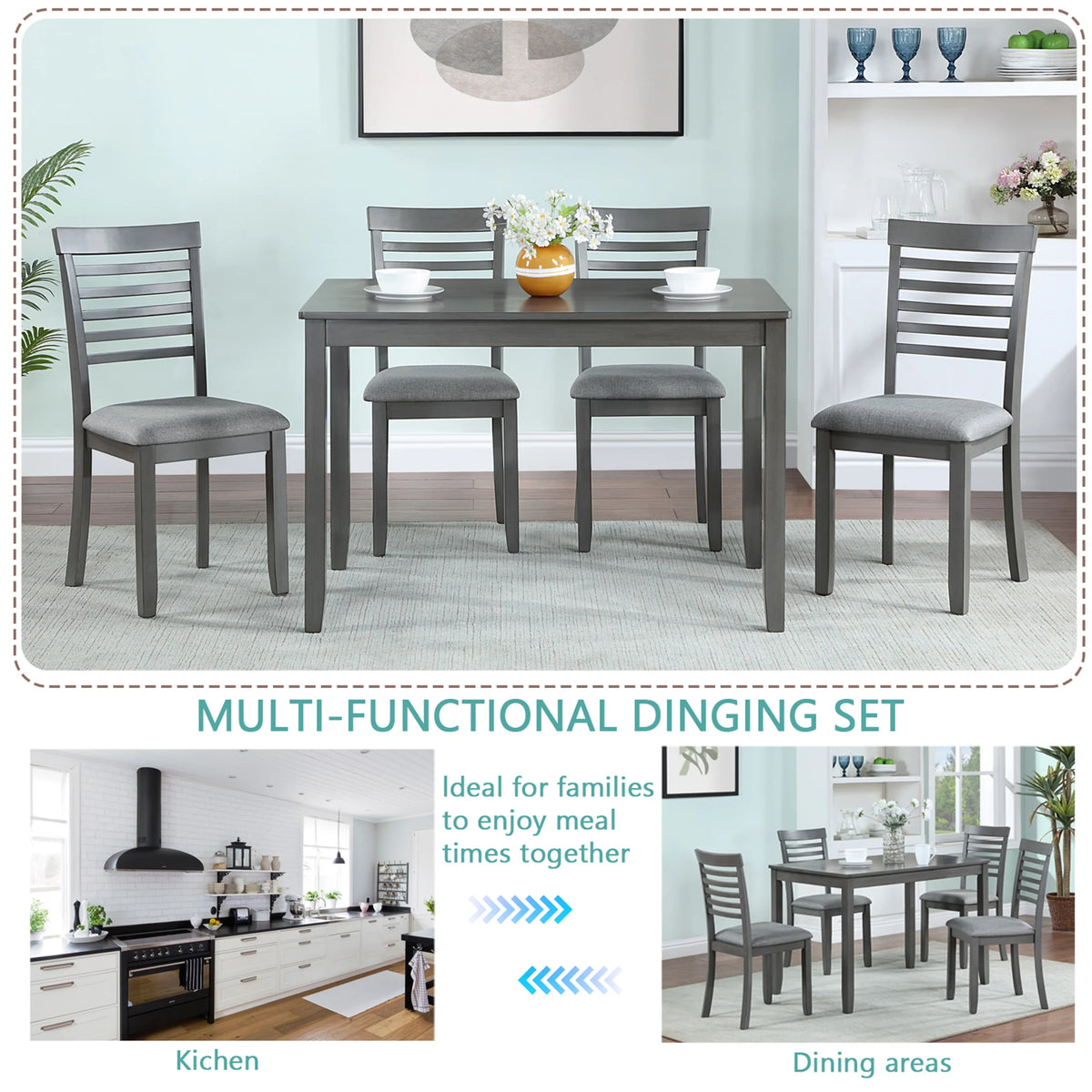 Sesslife 5 Piece Dining Set with One Rectangle Table and 4 Upholstered Chairs for 4 Persons, Dining Room Table Set for Small Place(Table+4 Chairs)