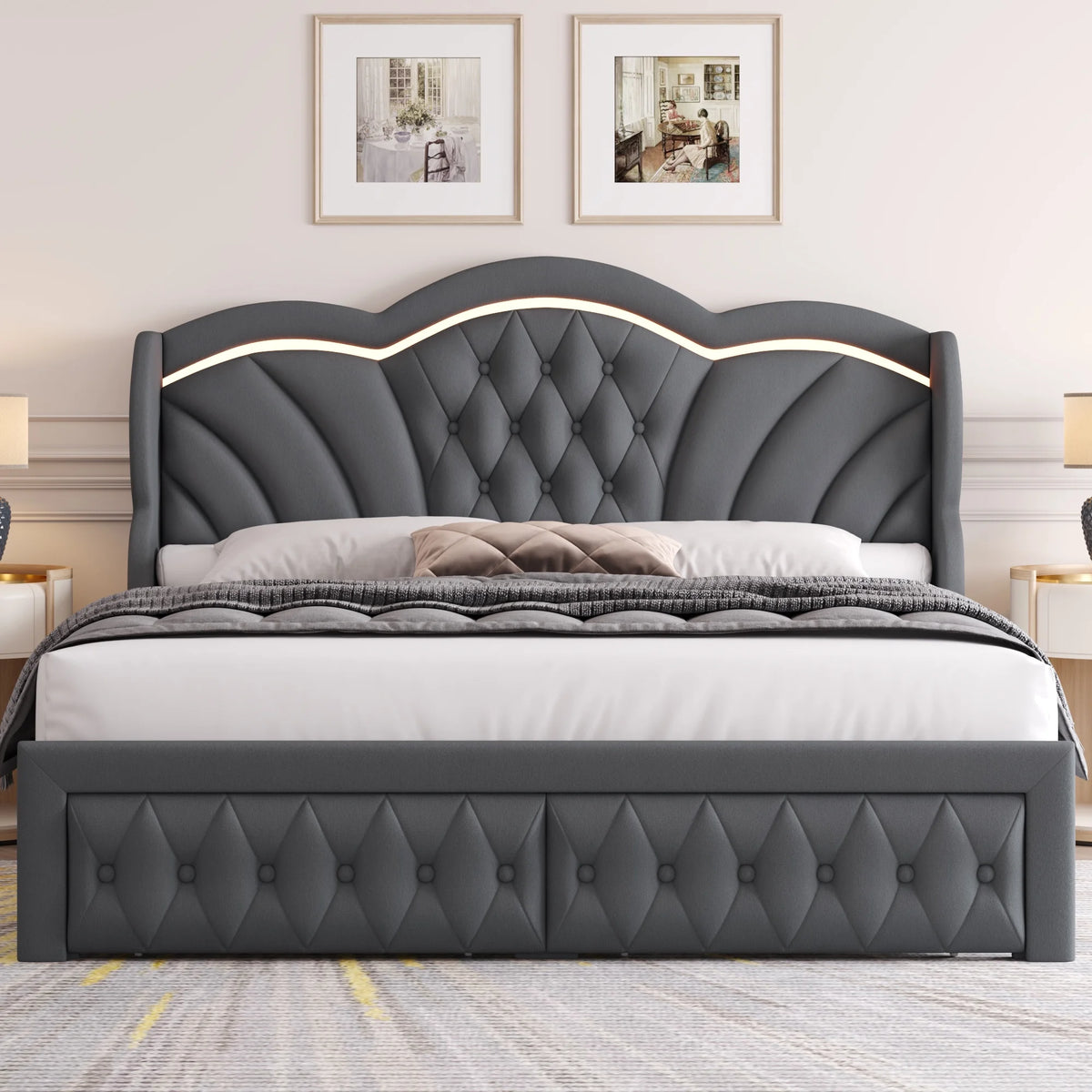 Hiphuta Modern Queen Bed Frame with 2 Drawers, LED Lights Platform Bed Frame, Sturdy Beds Frame with Upholstered Button Tufted Headboard, Velvet White