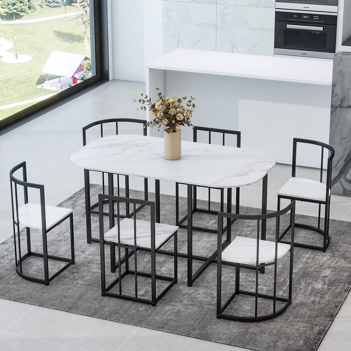 7-Piece Dining Table Set with 6Stools - Industrial Compact Kitchen Table & Chairs Sets, Space-Saving Design for Apartment, Small Space, Breakfast Nook