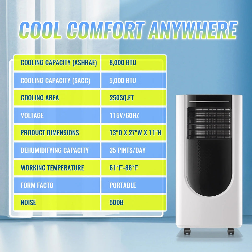 TACOOL Portable Air Conditioner 8000 BTU Portable Ac Unit up to 250 Sq, 3 IN 1 with Remote Control, All White, New