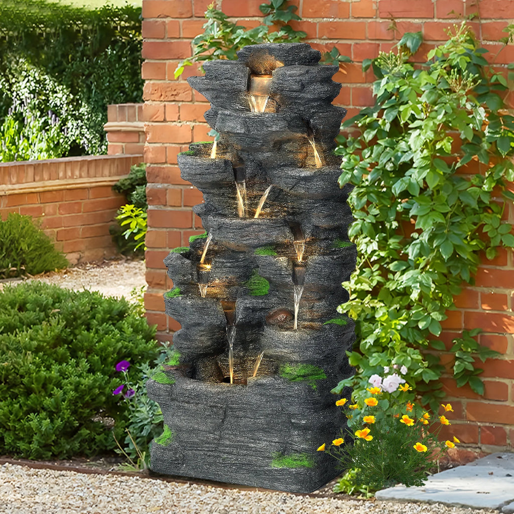 Magic Union 7-Tier Cascading Rock Water Fountain, 24" H Outdoor Freestanding Fountain with LED Lights and Pump, Outdoor Garden Waterfall Decor for Patio, Yard and Deck Decor, Natural Stone Look