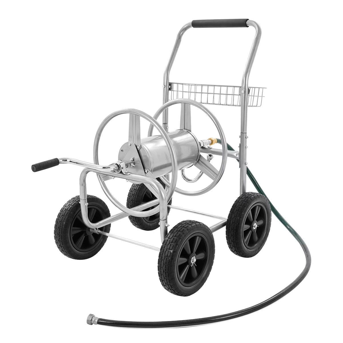 VEVOR Hose Reel Cart, Hold Up to 250 ft of 5/8 Hose, Garden Water Hose Carts Mobile Tools with 4 Wheels, Heavy Duty Powder-coated Steel Outdoor Planting with Storage Basket, for Garden, Yard, Lawn