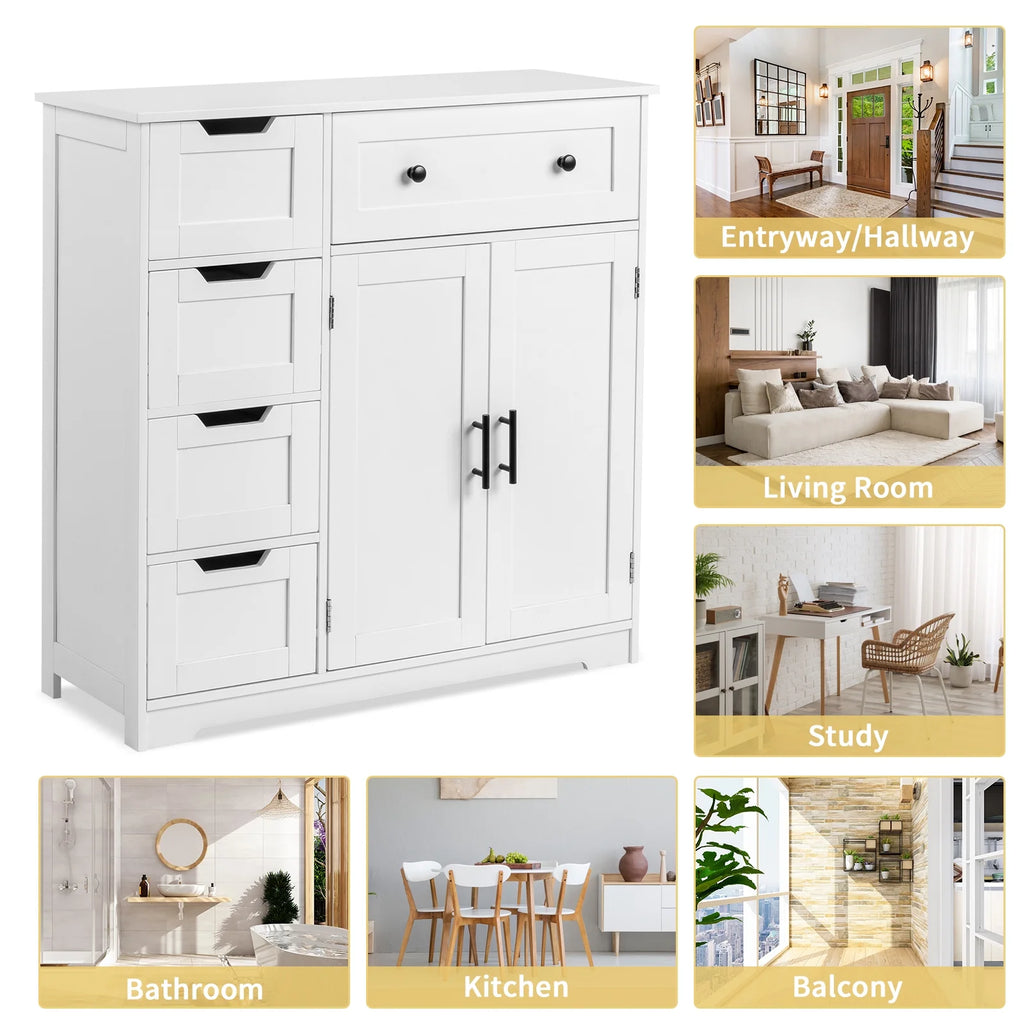 Ktaxon Wooden Bathroom Floor Cabinet with 4 Drawers & 1 Cupboard for Living Room Entryway, White