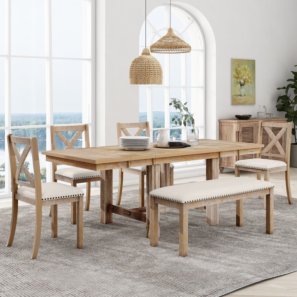 MODERNLUXE 82"Farmhouse 6PCS Dining Table Sets for 6,Solid Wood Dining Table Set with Extendable Table with Footrest and Two 11"Removable Leaf,4 Upholstered Chairs and Longer Upholstered Bench