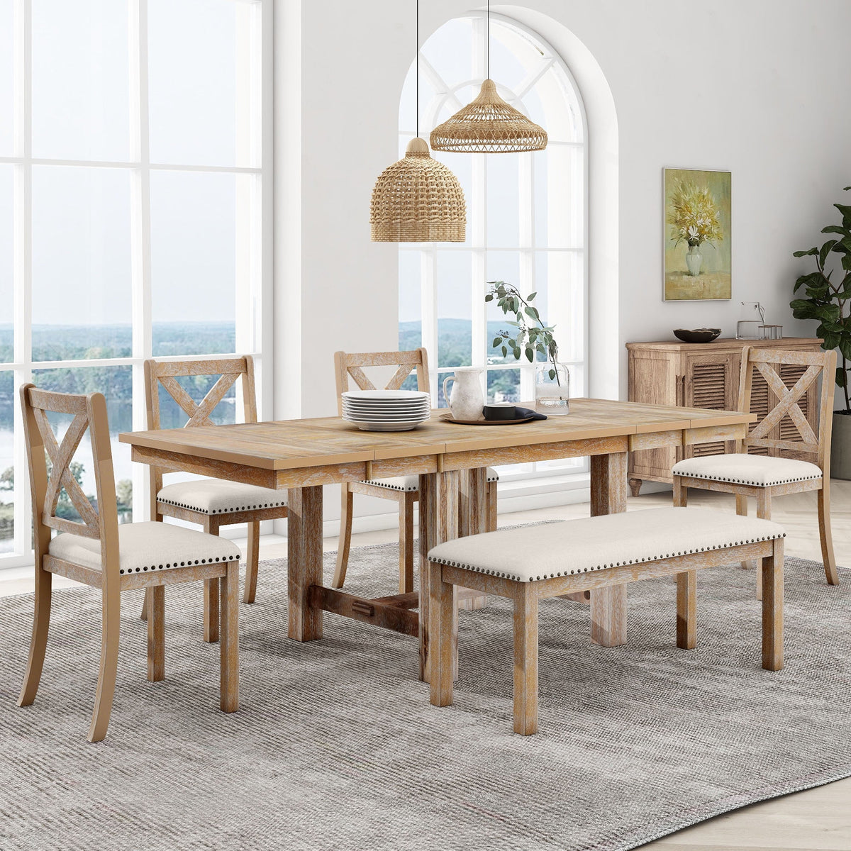 MODERNLUXE 82"Farmhouse 6PCS Dining Table Sets for 6,Solid Wood Dining Table Set with Extendable Table with Footrest and Two 11"Removable Leaf,4 Upholstered Chairs and Longer Upholstered Bench