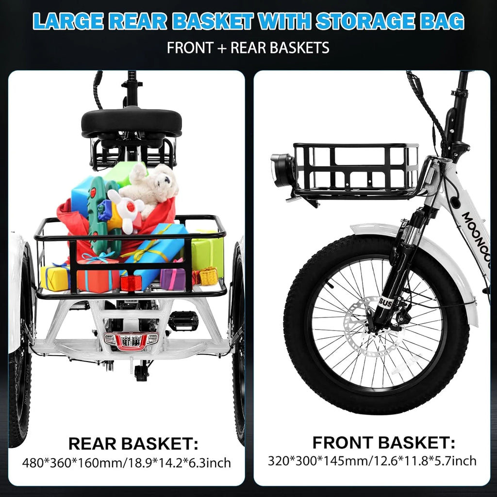 MOONCOOL TK1 Folding Electric Tricycle for Adults,48V 14.5Ah Removable battery, 500W（Peak 1000w）Motor, 20" Fat Tire Step-Thru 3Wheel Electric Bicycle w/Front&Rear Baskets, Certified to UL 2849 by SGS