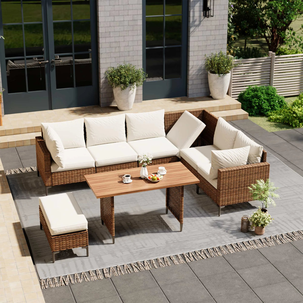 LAUSAINT HOME 8-Piece Patio Furniture Set, Outdoor Wicker Conversation Set with Adjustable Backrest & Storage Ottoman, Beige Cushions