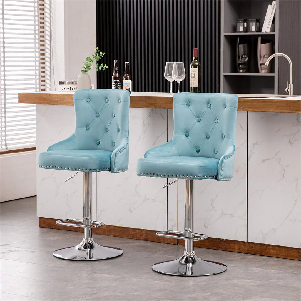 Alexent  2PCS Swivel Bar Stools, High Back, Button Tufted, Silver Footrest and Nailhead Trim Swivel Bar Chairs for Kitchen, Bar Velvet Upholstered Bar Stools, Dark Blue