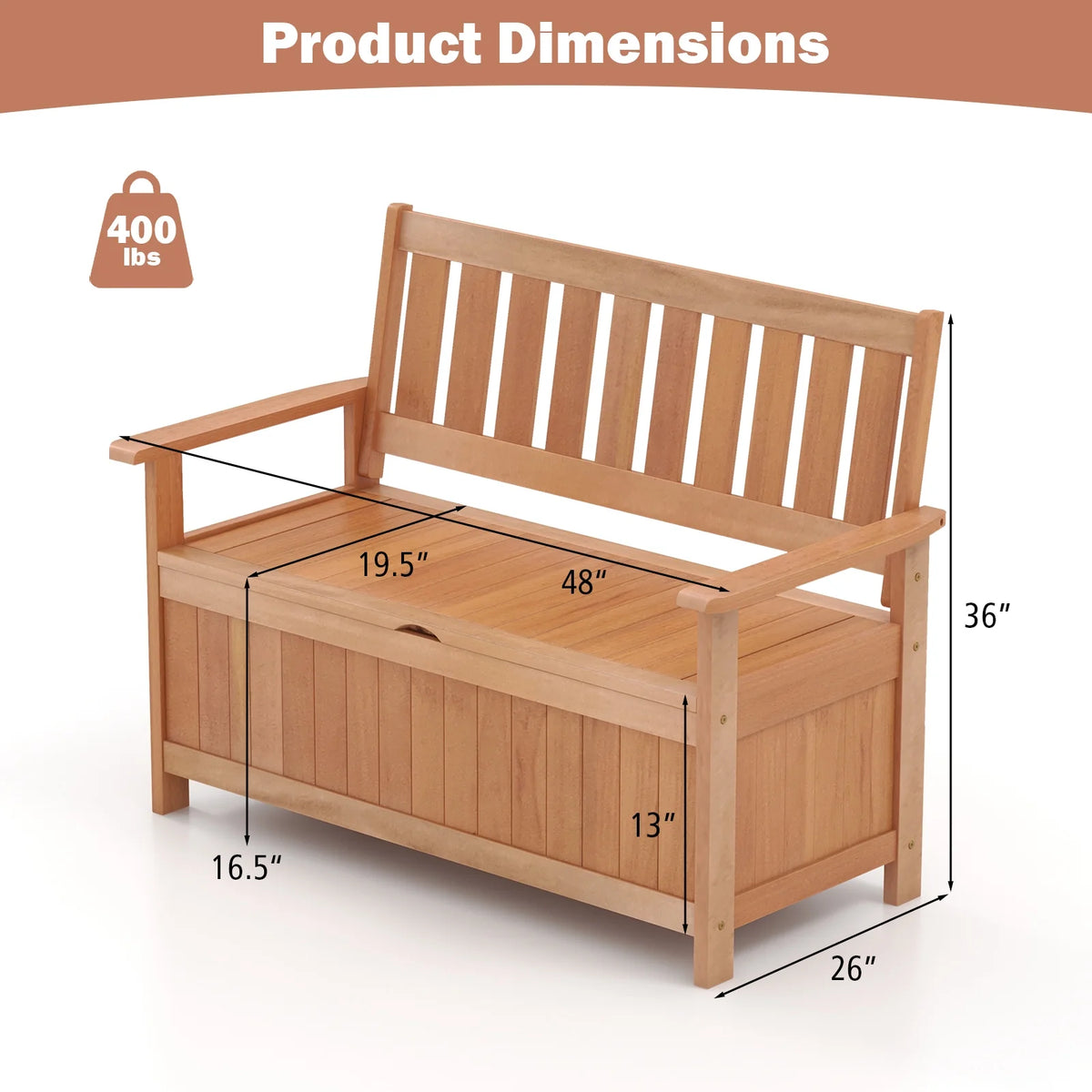 Gymax 48'' Storage Bench Wood Loveseat w/ Slatted Backrest for Backyard Patio