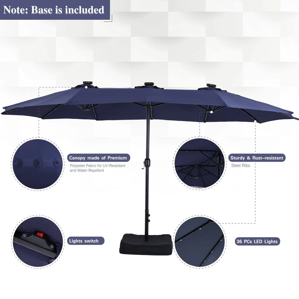 Alpha Joy 15ft Extra Large Outdoor Patio Double-Sided Umbrella with LED Solar Lights & Umbrella Base, Beige
