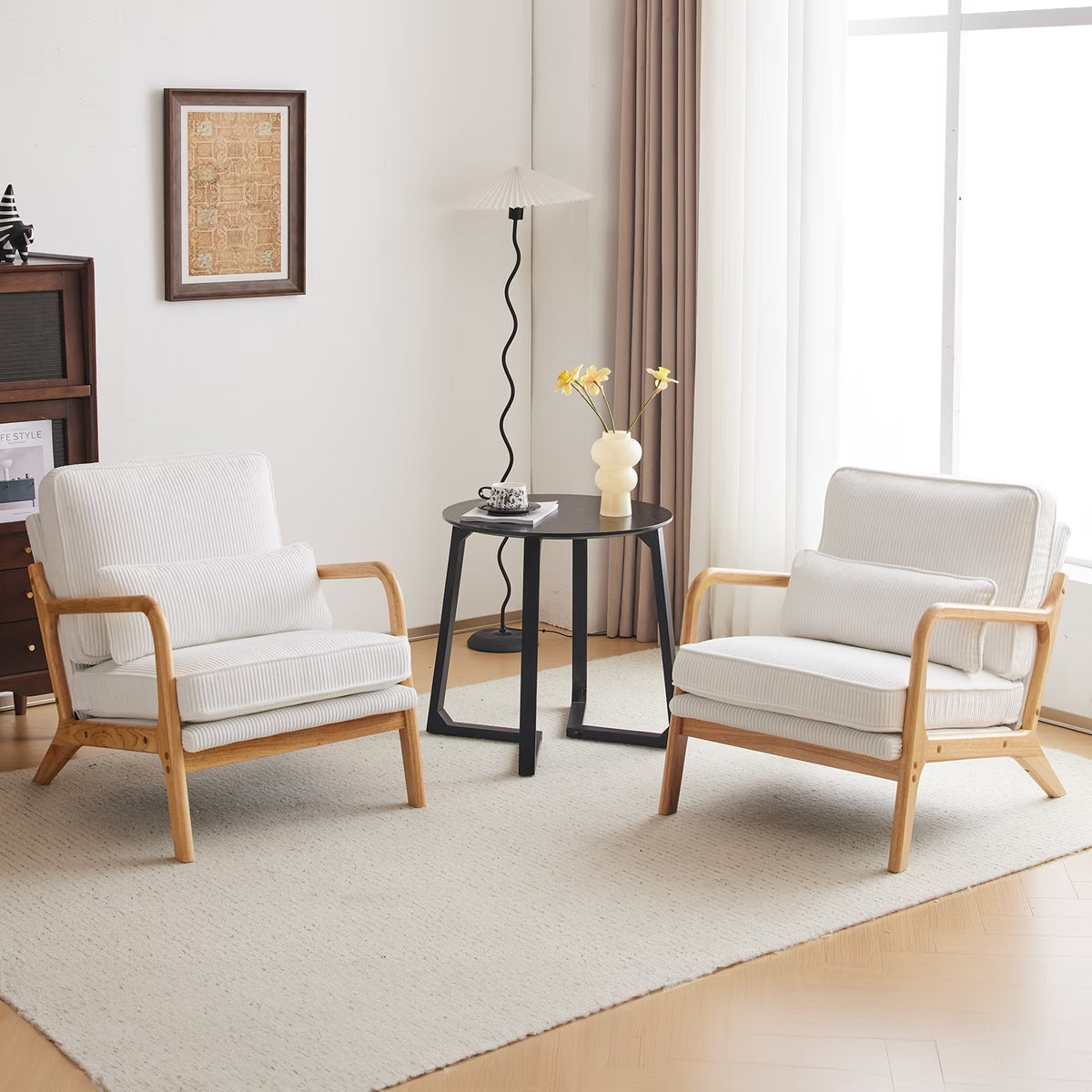 Ktaxon Accent Chair Corduroy Upholstered Armchair, Reading Club Chair with Pillow and Solid Wood Frame for Living Room Bedroom Furniture Off White