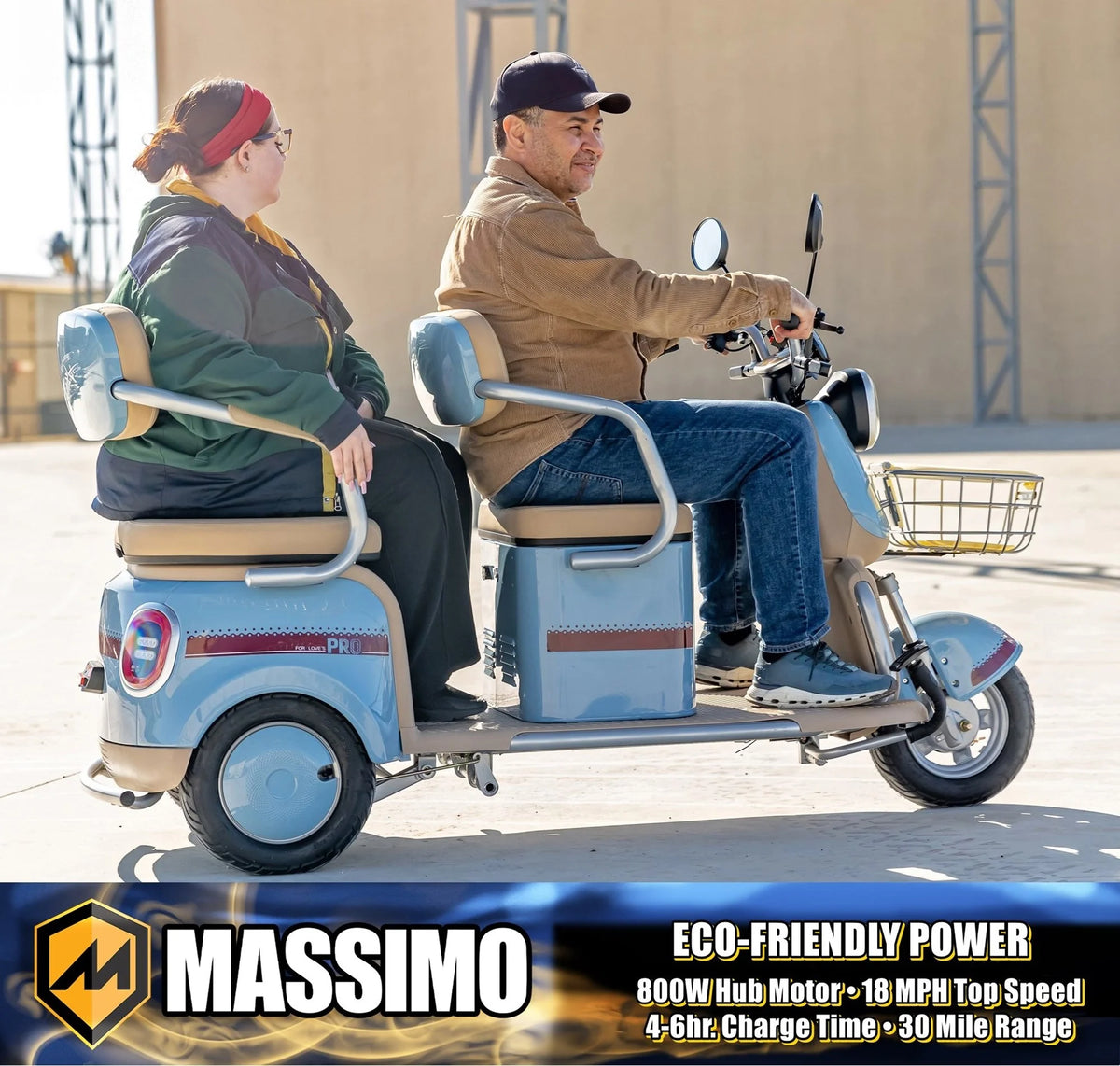 Massimo MGC E-Trike 3-Wheel Electric Cart 17 MPH, 2-Seater Adult Scooter Blue