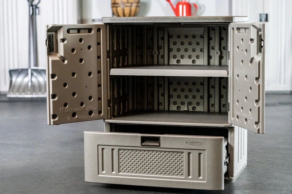 Suncast Single Drawer Resin Base Storage Cabinet, Platinum Metallic