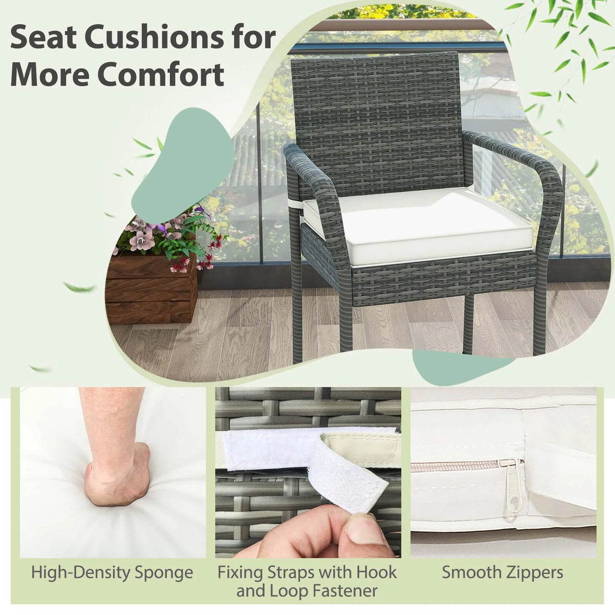 Costway Patio Wicker Barstools Set of 2 with Armrests & Soft Cushions Stable Metal Frame