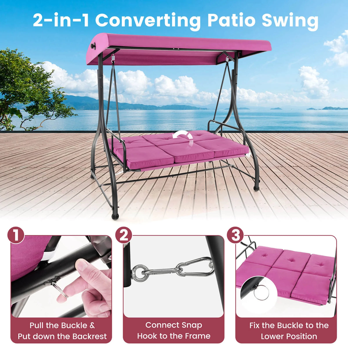 Costway 3-Seat Outdoor Converting Patio Swing Glider Adjustable Canopy Porch Swing Black