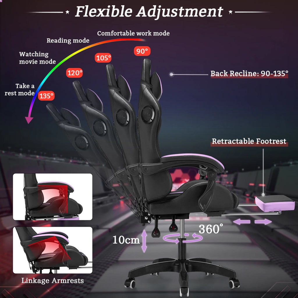 Hoffree Gaming Chair with Speakers PU Leather Office Chair with Footrest and LED Lights Ergonomic Gamer Chair with Massage Lumbar Support and Headrest Adjustable Swivel for Home Office 300lb