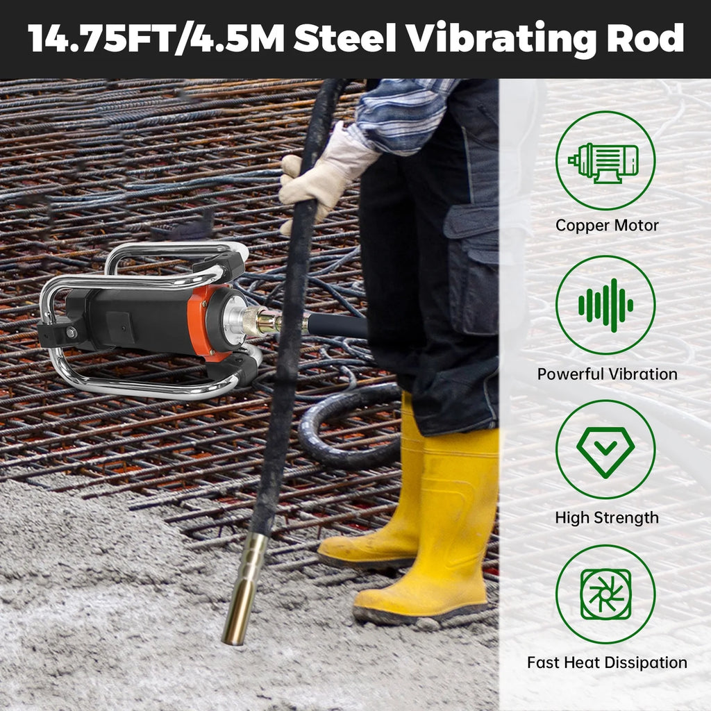 16,000 VPM Concrete Vibrating Tool, Concrete Vibrating Tool Equipped With 14.75FT Steel Vibrating Rod And Stainless Steel Roll Cage, Suitable For Removing Bubbles From Construction Cement