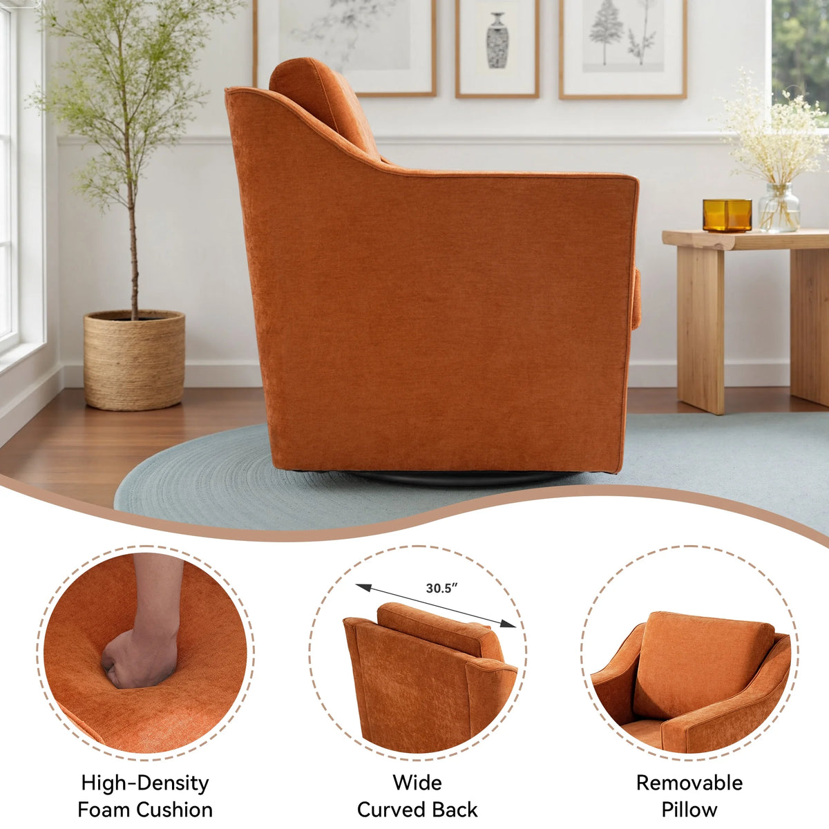 Swivel Accent Chair for Living Room, Modern Upholstered Barrel Arm Chair with Plump Back Pillow, Comfy Club Sofa Reading Chair for Adults (Chenille Navy, Set of 1)