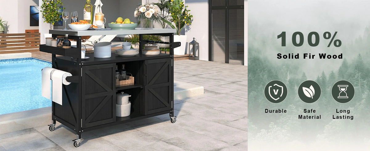 Outdoor Kitchen Island, Rolling Bar Cart & Storage Cabinet, Farmhouse Solid Wood Outdoor Grill Table with Stainless Steel Top, Spice Rack , Towel Rack for Kitchen & BBQ , Natural