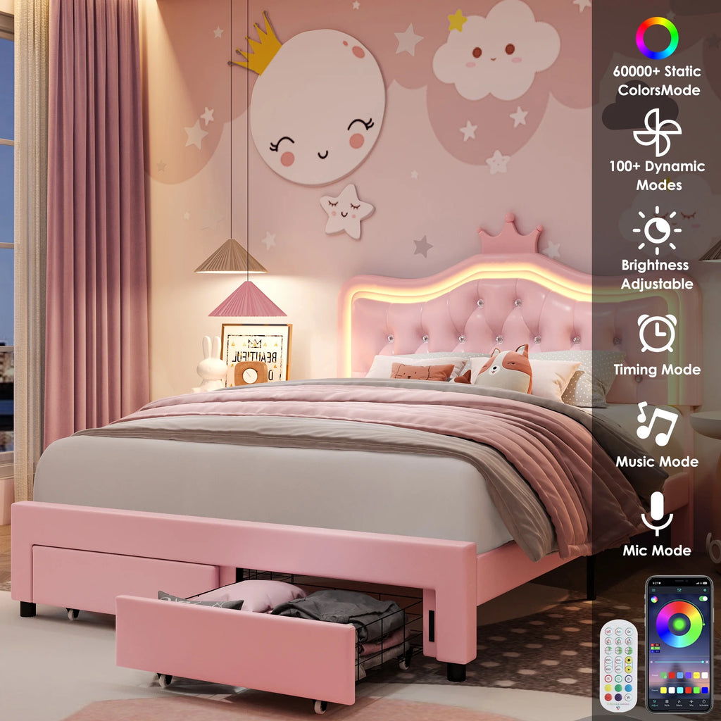 Homfa Full Size Bed, LED Upholstered Bed with Adjustable Crystal Button Tufted Crown Headboard, Soft PU Princess Platform Bed with Storage Drawers, Pink