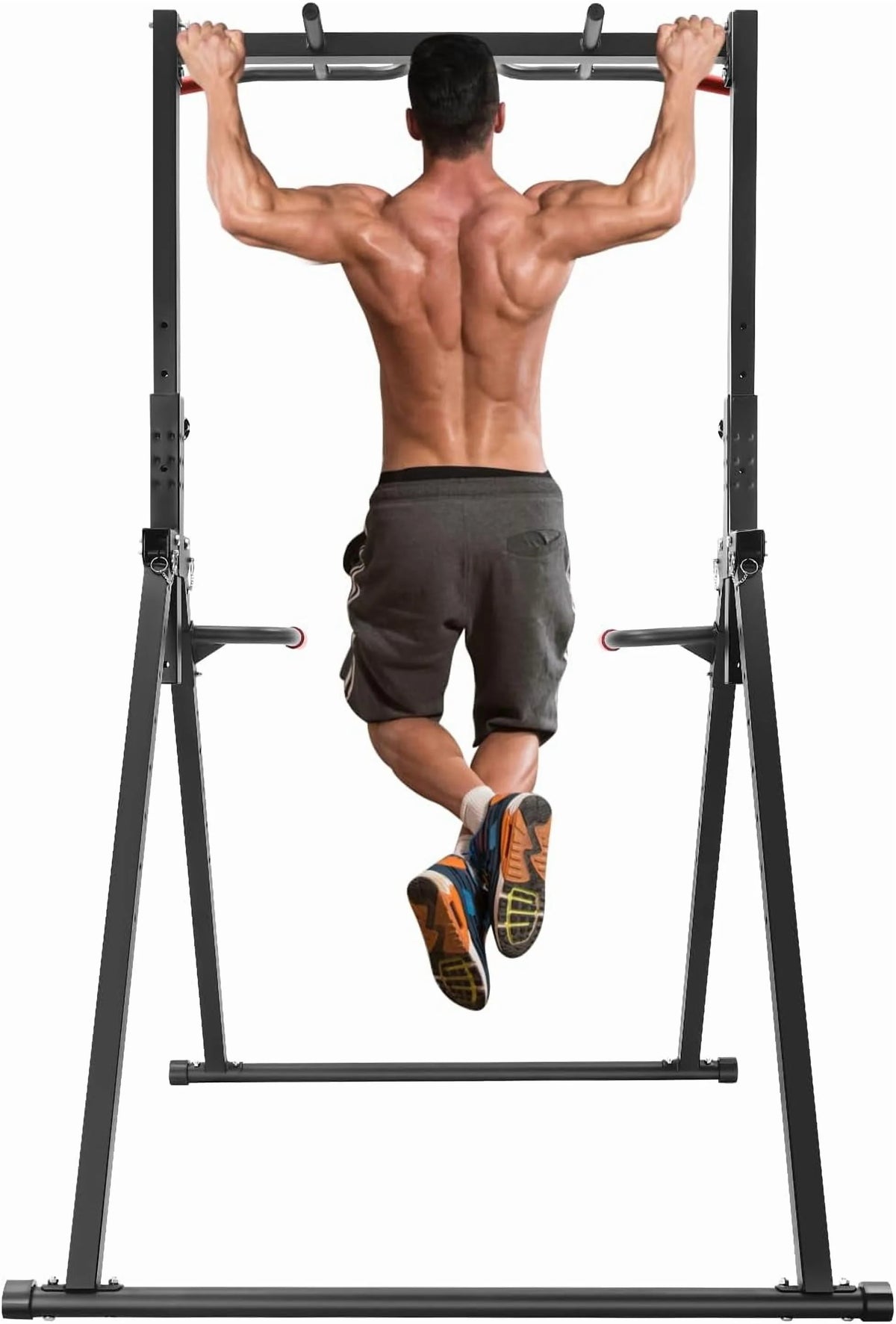 Power Tower Pull Up Bar Station Foldable Pull Up Rack Dip Station 5.74-7.55ft Height Adjustable Home Strength Training Fitness Workout Equipment, Up to 440lbs (With double bars)