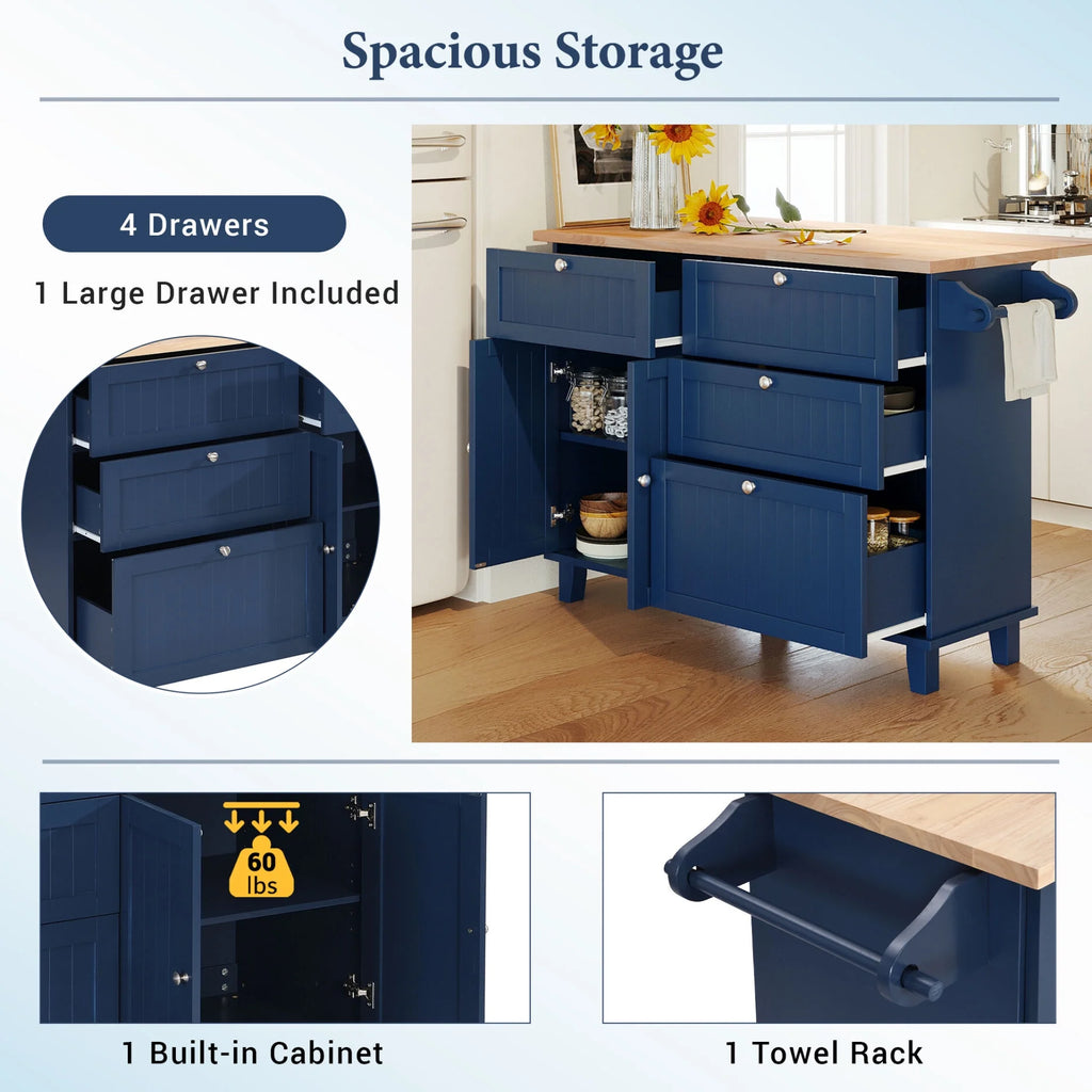 3 Pieces Farmhouse Style Kitchen Island Set with 2 Dining Stools, Kitchen Island with Adjustable Shelf, 4 Drawers, 2-Door Cabinet, Towel Rack & Rubber Wood Tabletop, Blue
